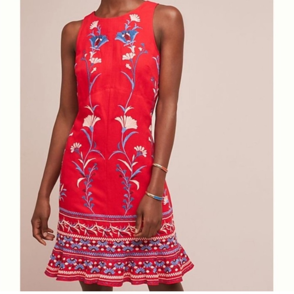 Red Embroidered Anthropologie Lila flounce hem dress